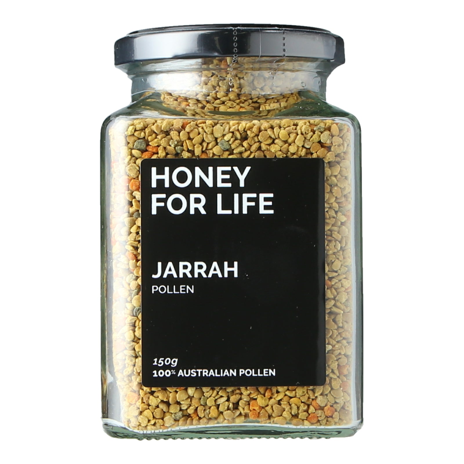 A glass jar containing yellow bee pollen granules with a black label that reads 'HONEY FOR LIFE' and 'JARRAH POLLEN' with text indicating 150g weight and Australian origin.