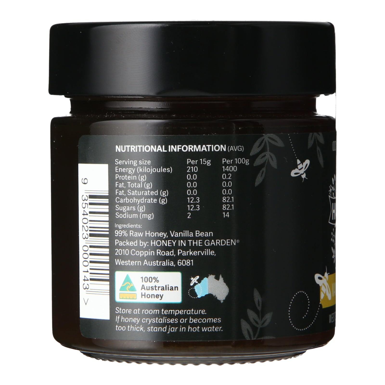 back of the jar showing nutritional information for Vanilla Bean Honey