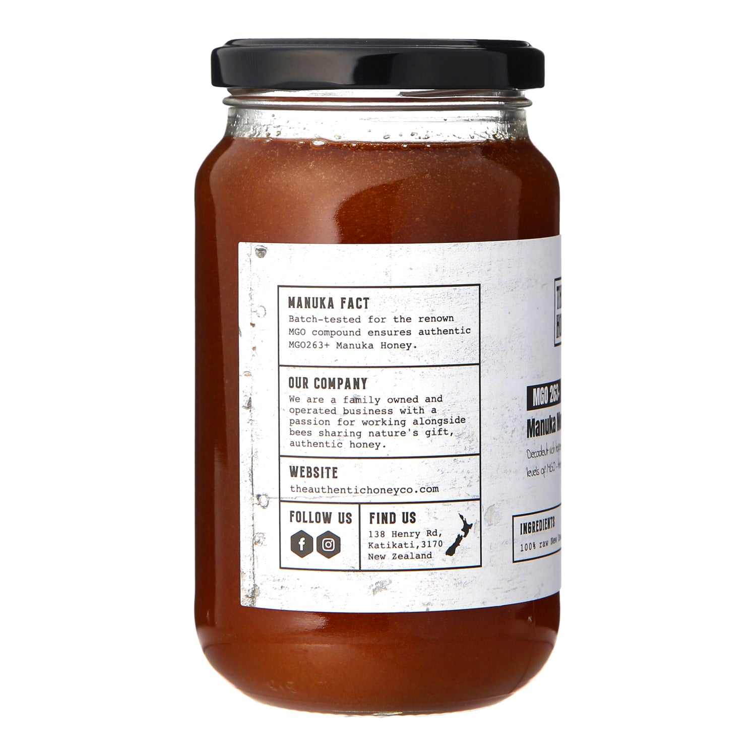 Manuka facts and company information on the side of a jar of mono-floral manuka honey MGGO 263 from The Authentic Honey Co
