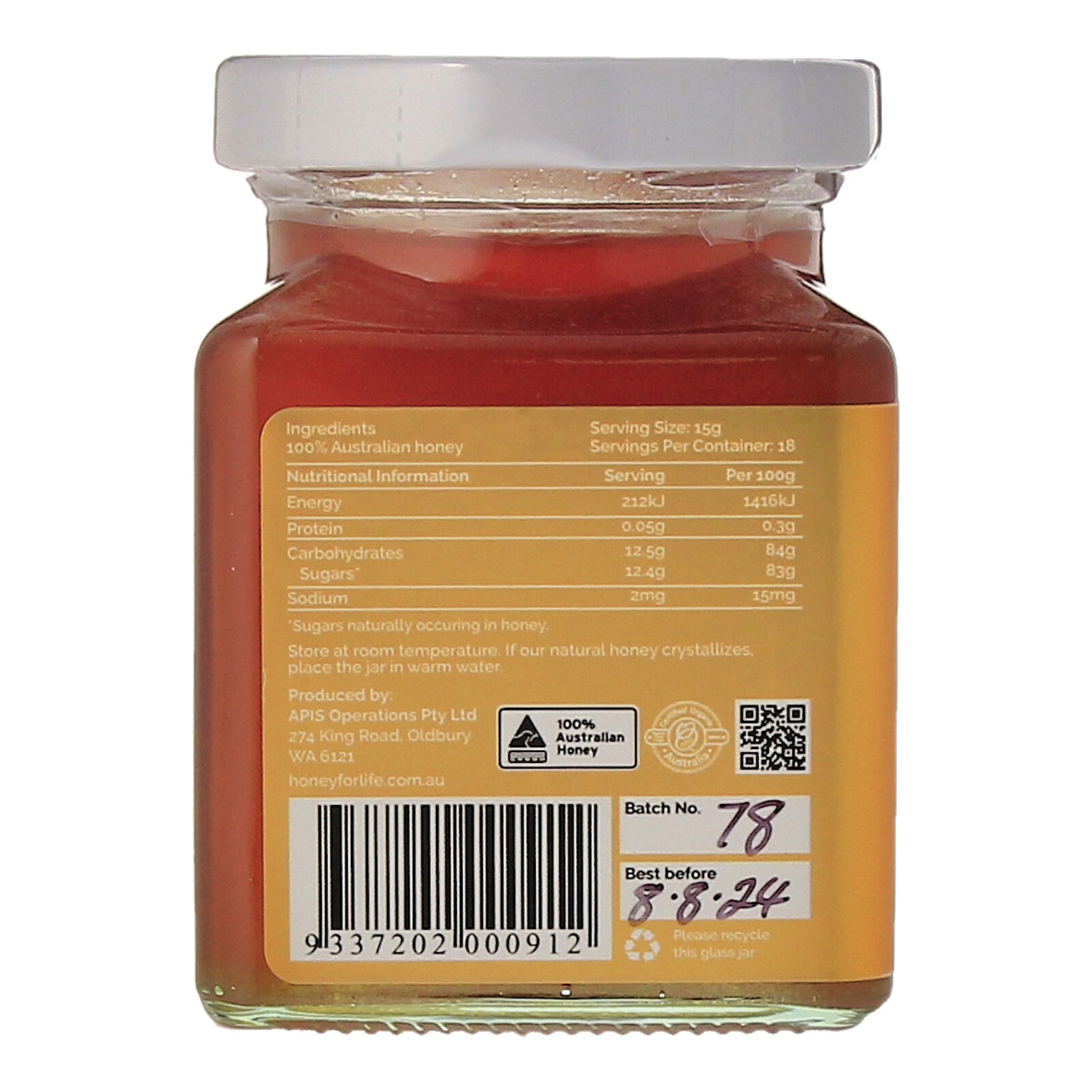 Honey for Life Super Active TA60 Organic Honey jar with nutrition label side