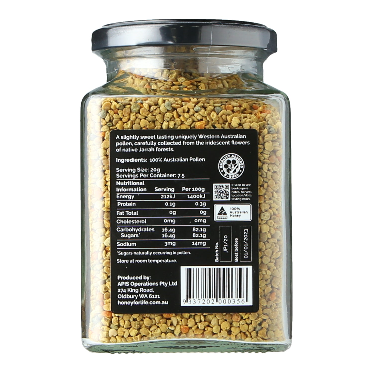 Nutritional information on the label of a jar of Bee Pollen