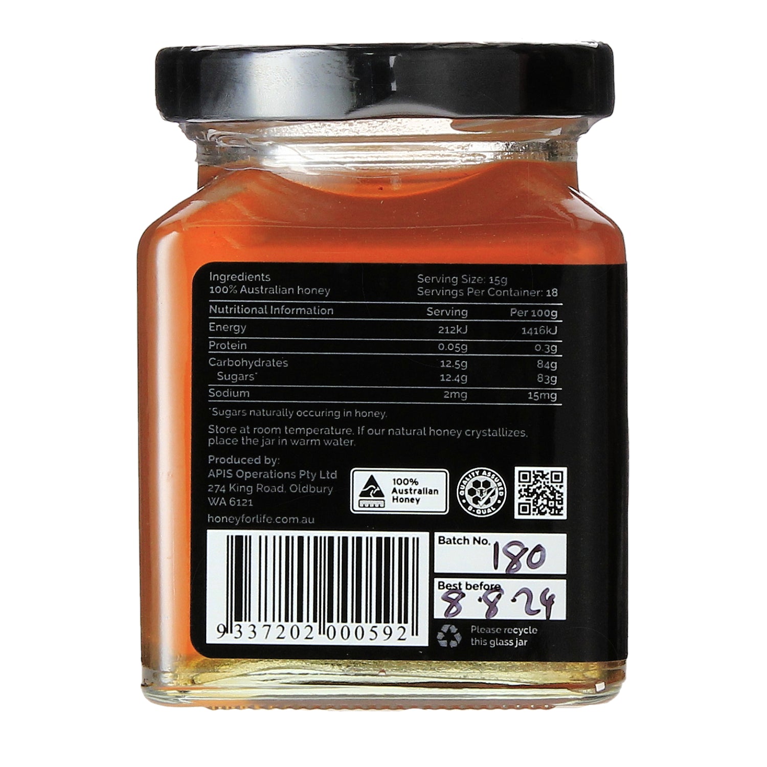 Desert Mallee Australian Honey Nutrition Information Label on jar