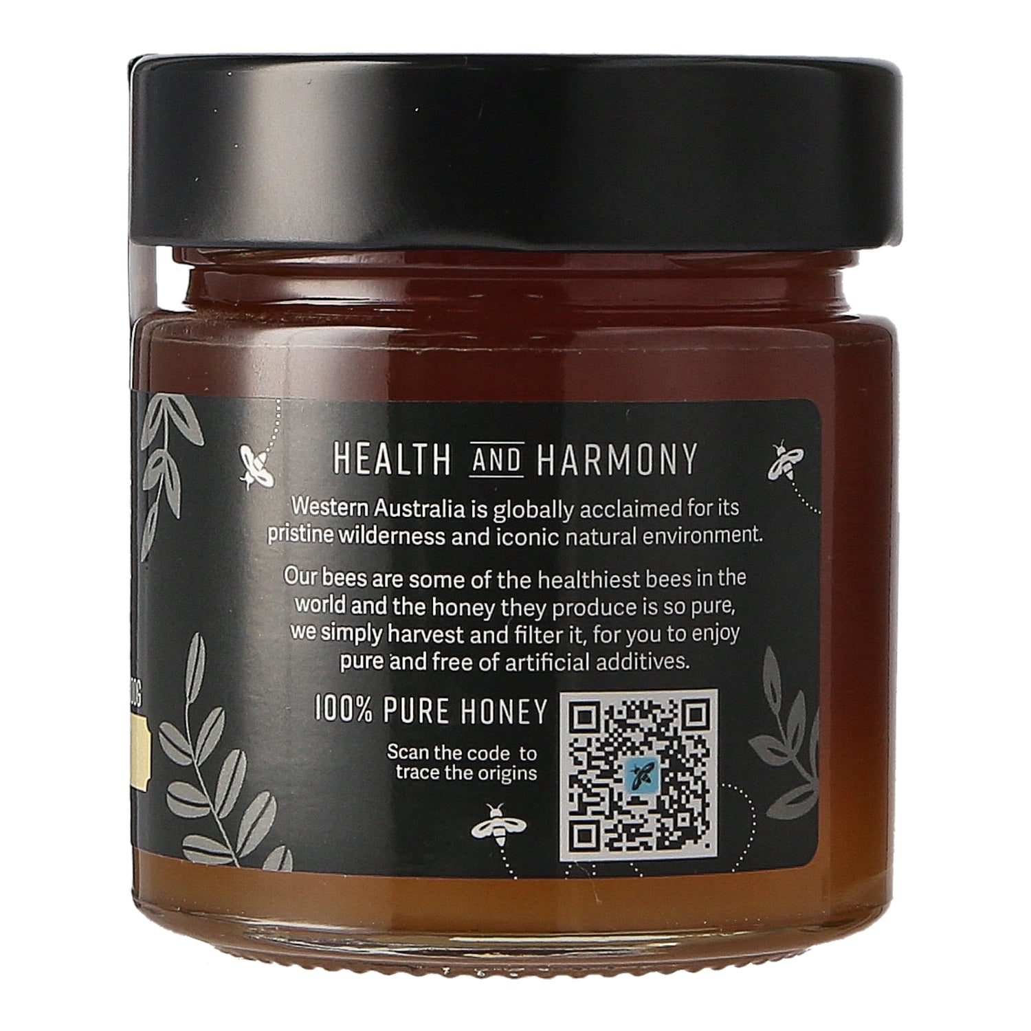 side label of Powderbark Honey Jar showing product information