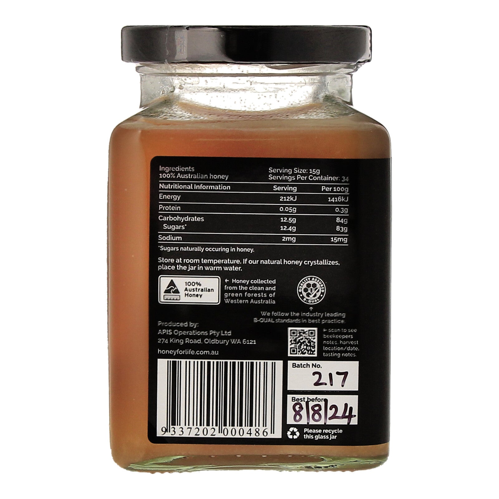 Honey for Life Wandoo TA20+ Honey Jar with Ingredients Label