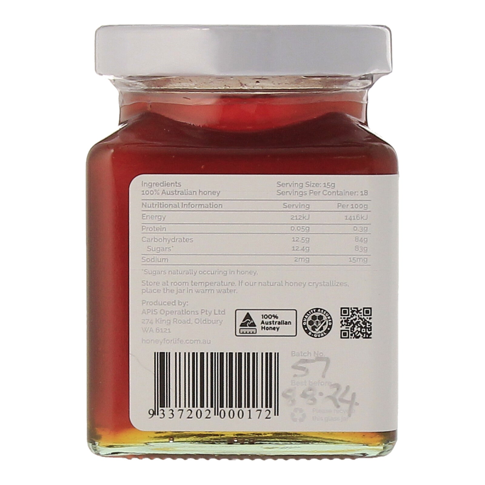 Honey for Life Super Jarrah TA50+ Honey Nutrition Label Side