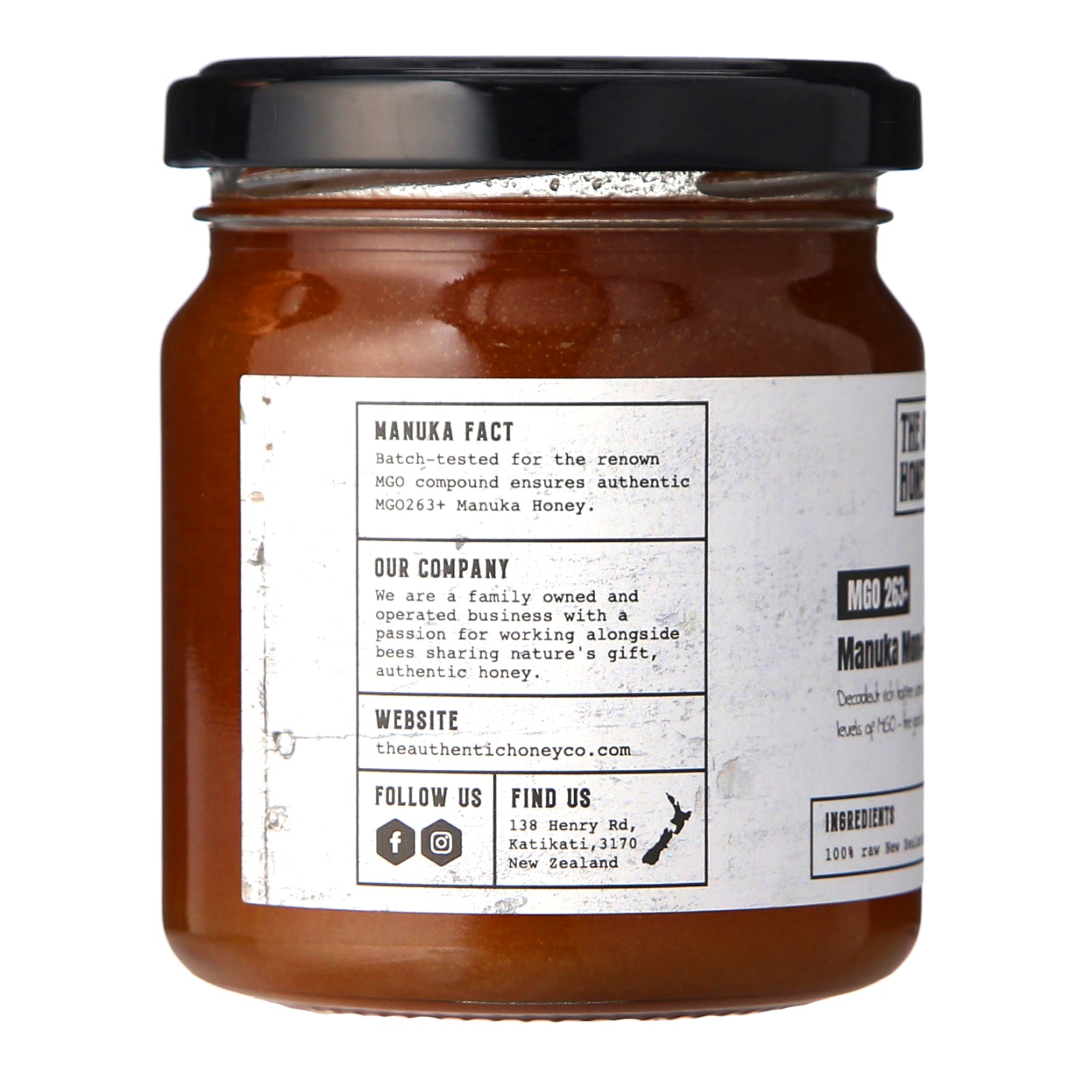 side label showing manuka facts and company info ona  jar of mono-floral manuka honey MGGO 263