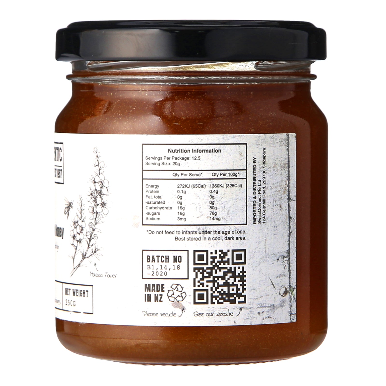 side label showing the nutrition information of a jar of mono-floral manuka honey MGGO 263