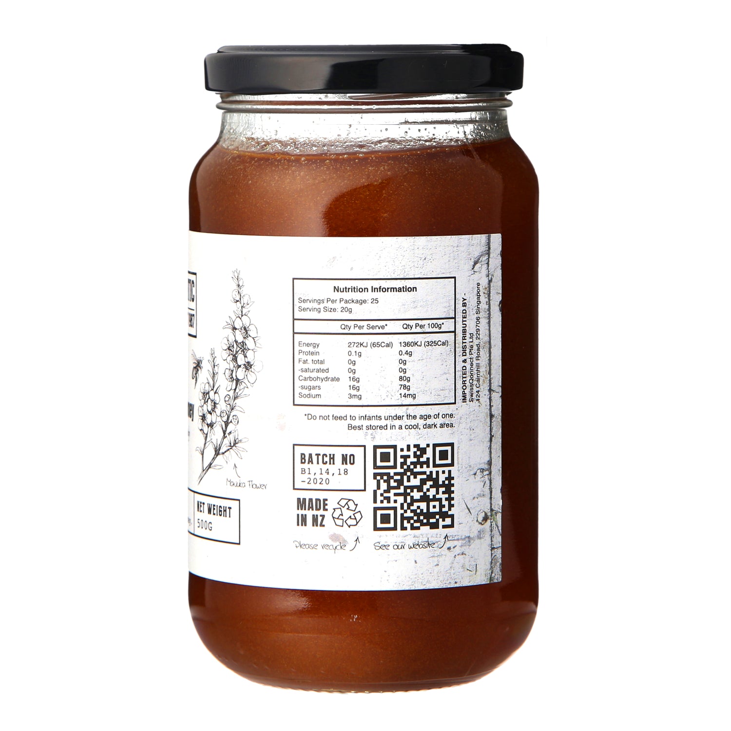 Nutrition Label on the side of a jar of mono-floral manuka honey MGGO 263 from The Authentic Honey Co