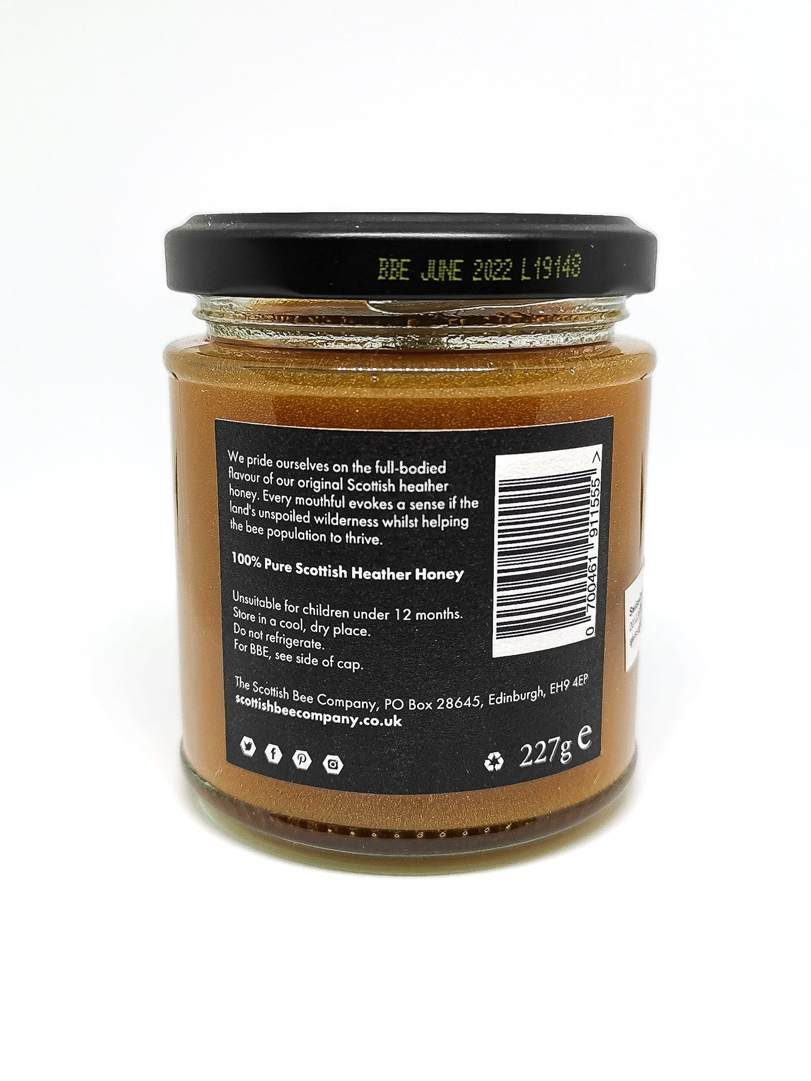 the back view of a jar of Scottish Heather Honey