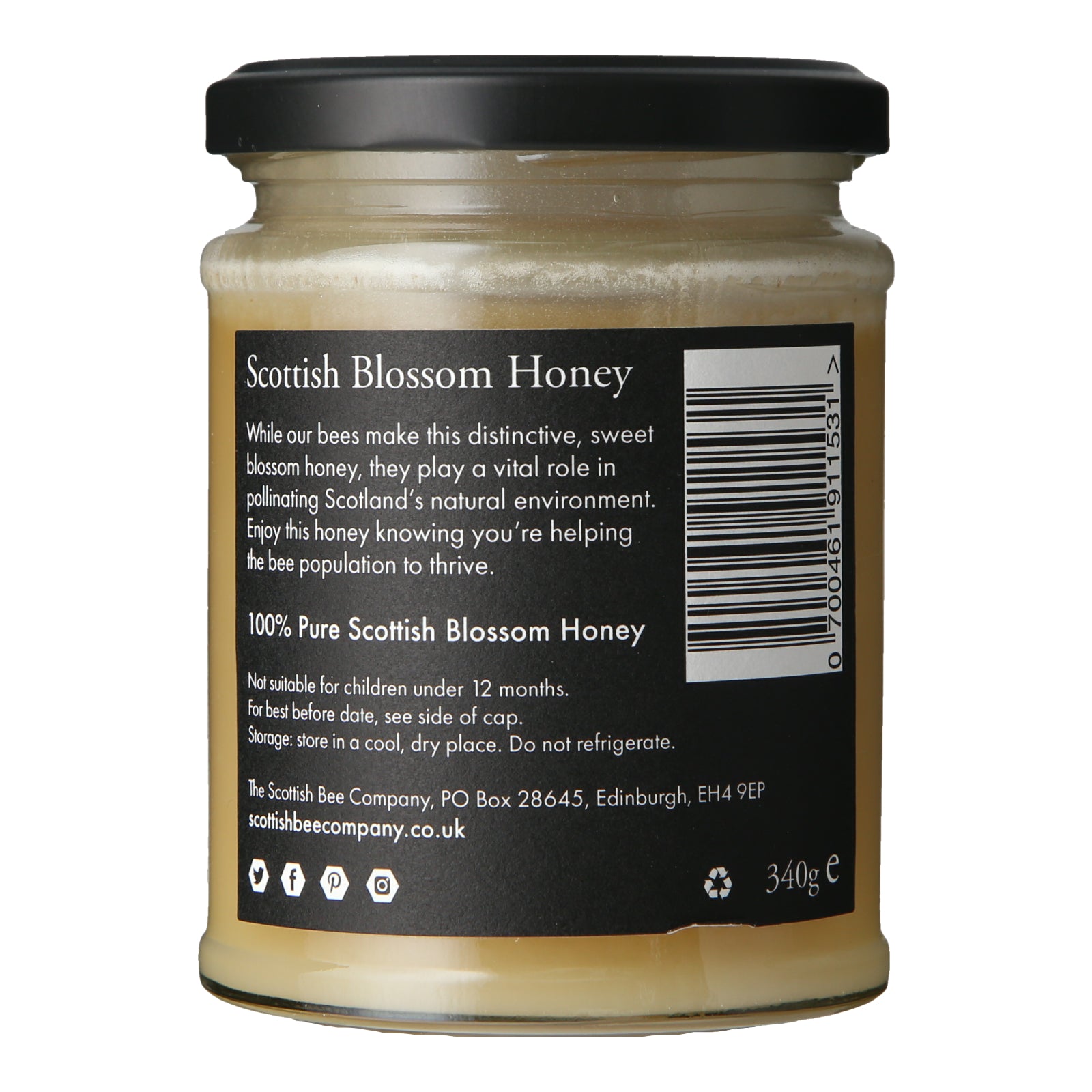 the back label of a jar of Scottish Blossom Honey from The Scottish Bee Company