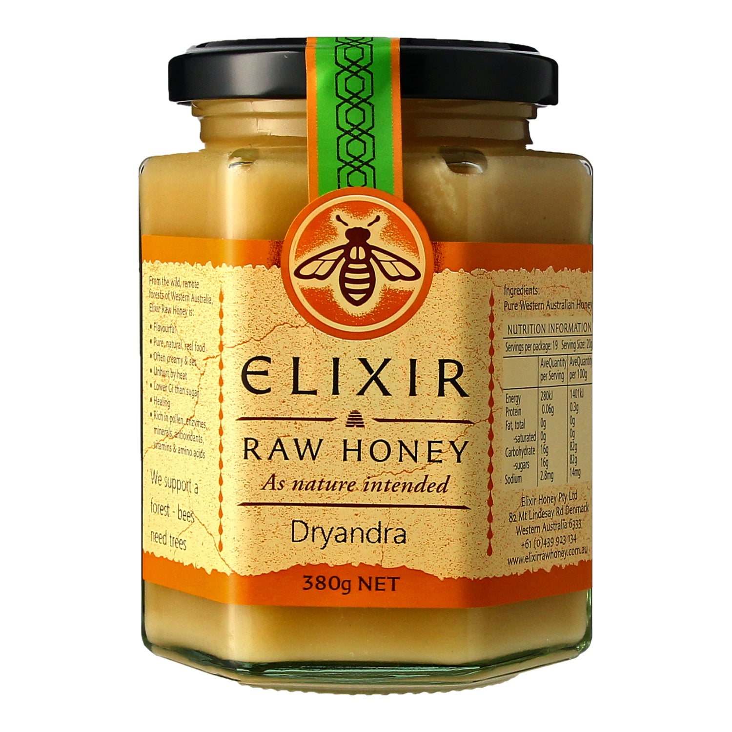 A jar of Elixir Raw Dryandra honey with labels indicating it is raw honey as nature intended, 380g net weight.