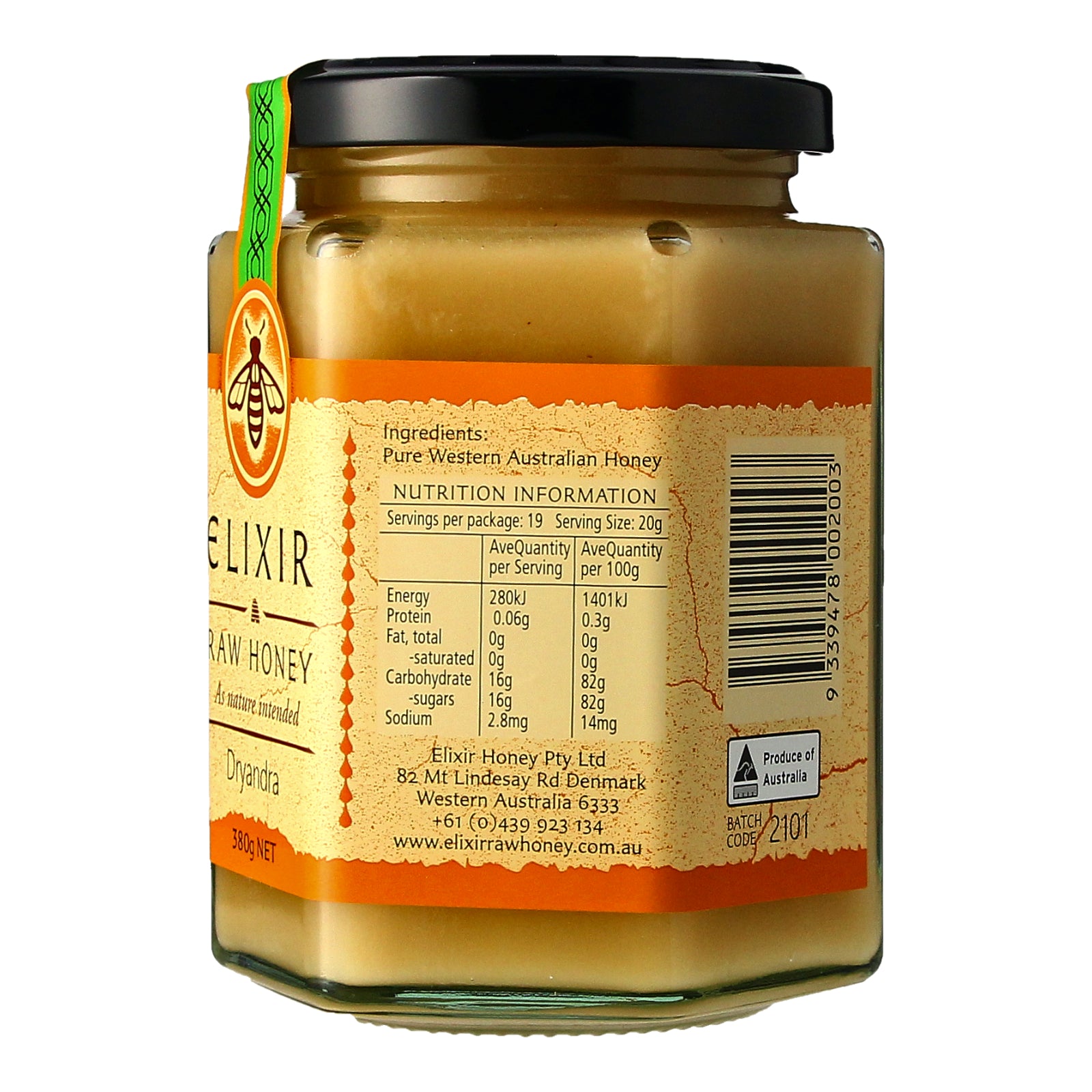 Elixir Dryandra Raw Honey Nutrition Information Label