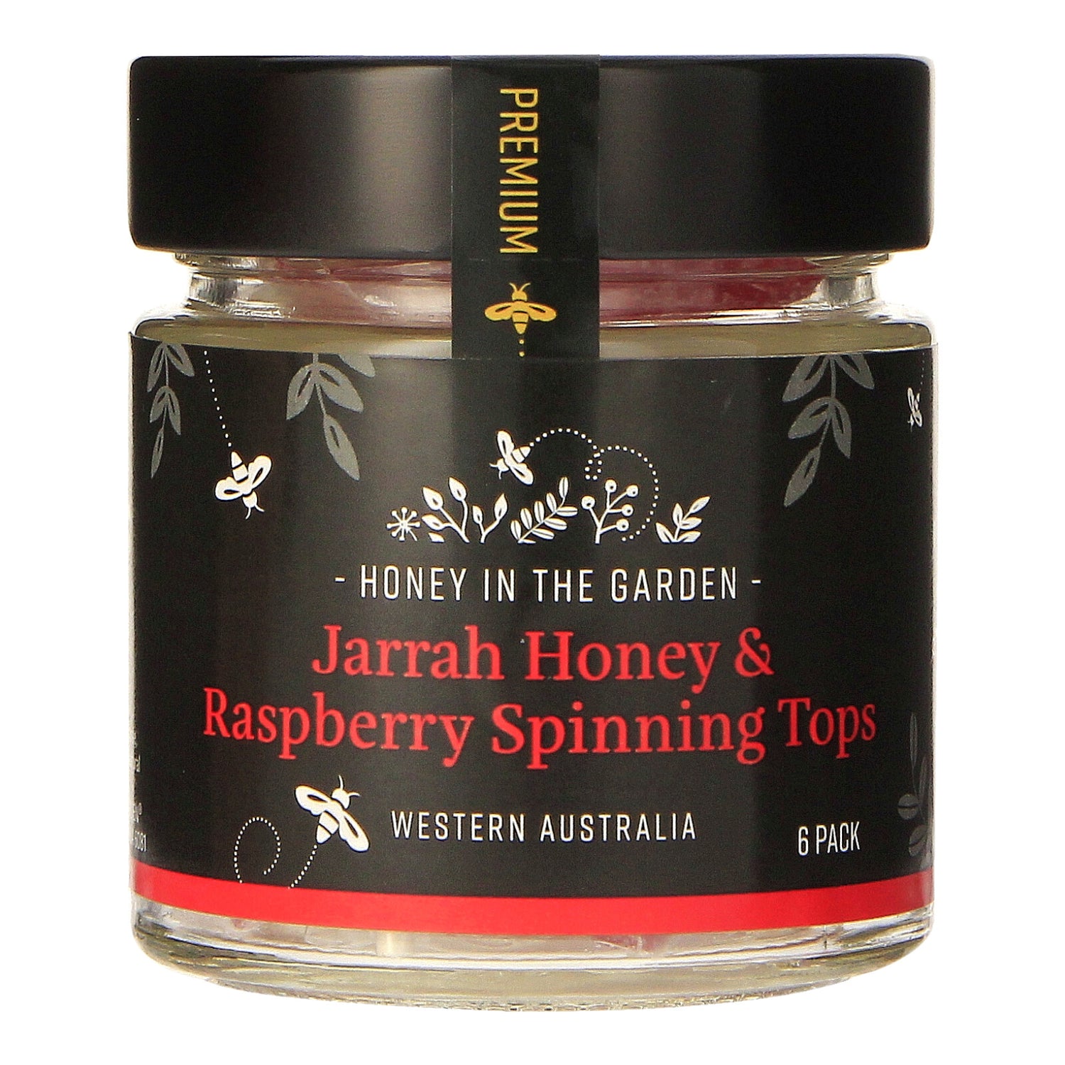 a jar of Jarrah Honey and Raspberry Spinning tops containing 6 packs of honey candy