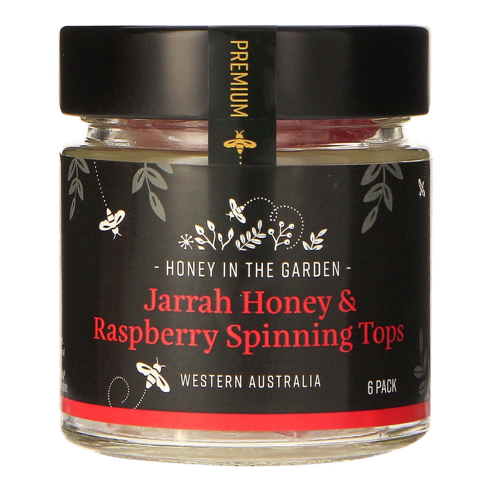 a jar of Jarrah Honey and Raspberry Spinning tops containing 6 packs of honey candy