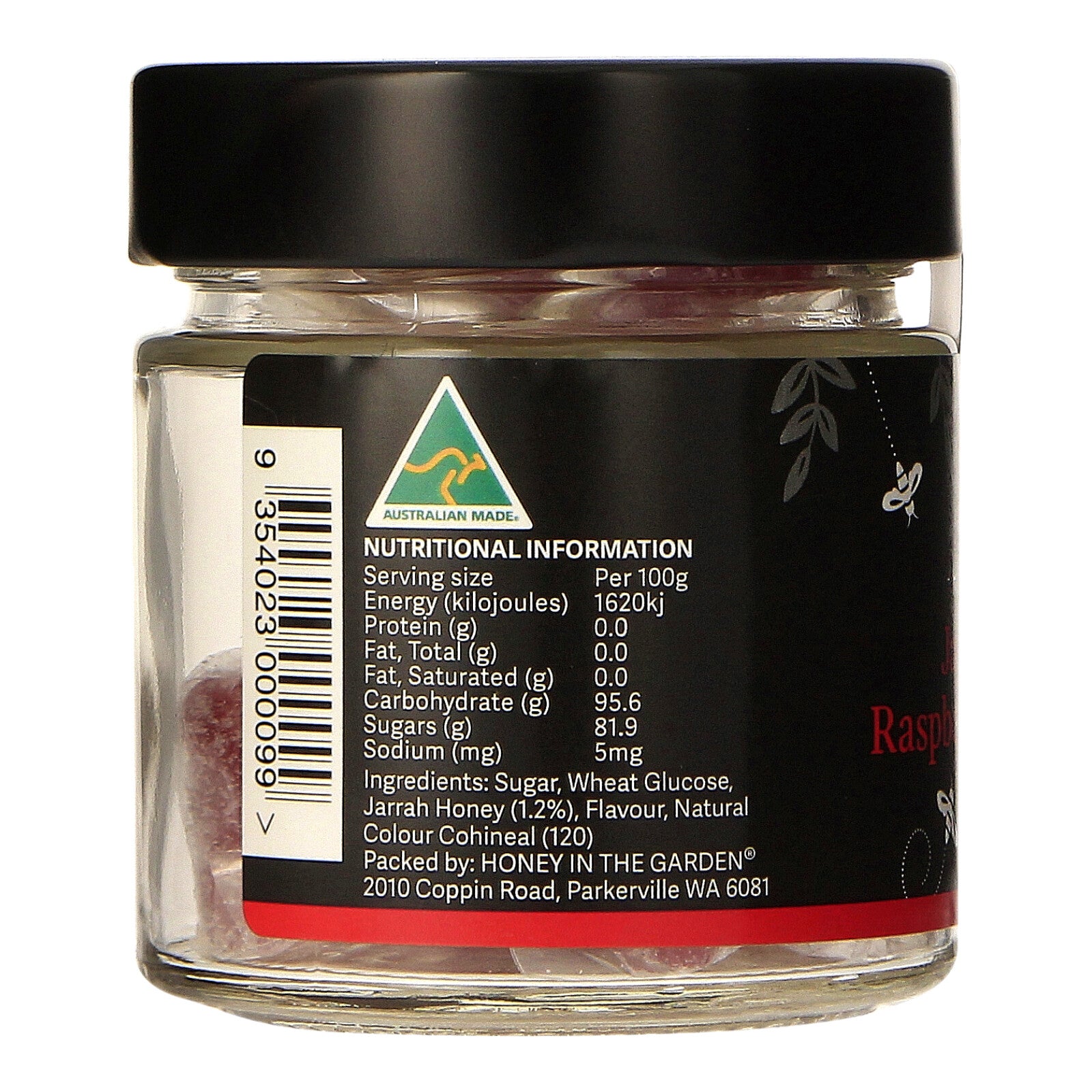Jarrah Honey and Raspberry Spinning tops honey candy nutritional information label on side of jar