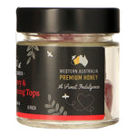 side  label of Jarrah Honey and Raspberry Spinning tops honey candy 