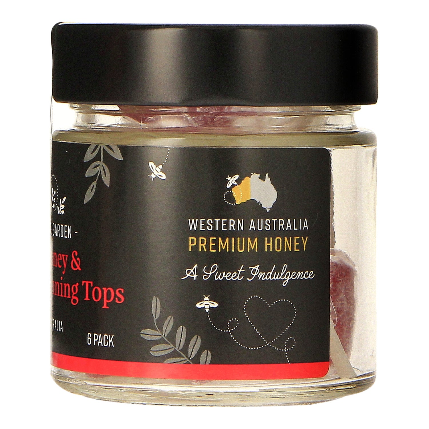 side  label of Jarrah Honey and Raspberry Spinning tops honey candy 