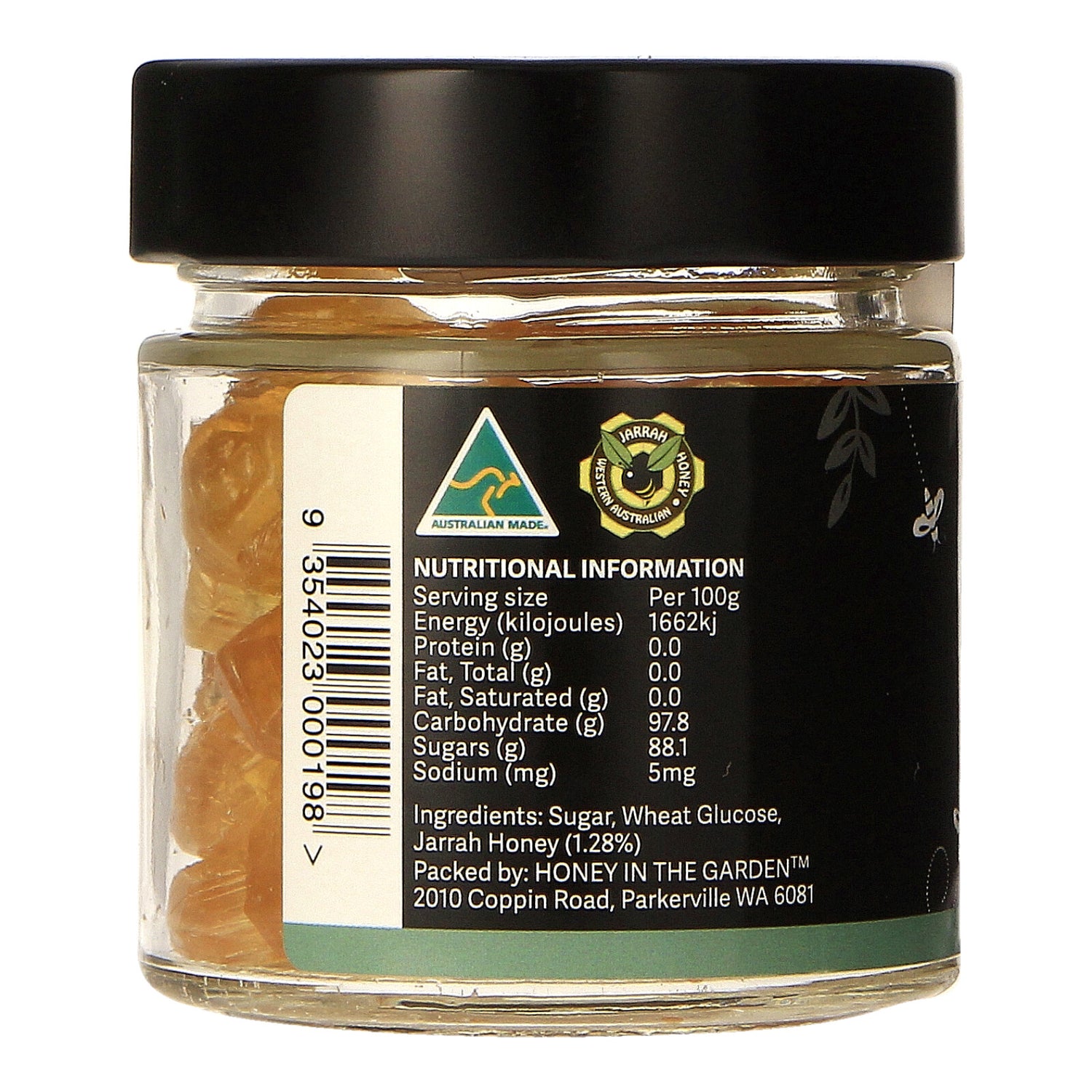 nutritional information on side label of Jarrah Honey Drops honey candy