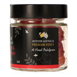 side label of a jar of Jarrah Honey & Raspberry Drops honey candy