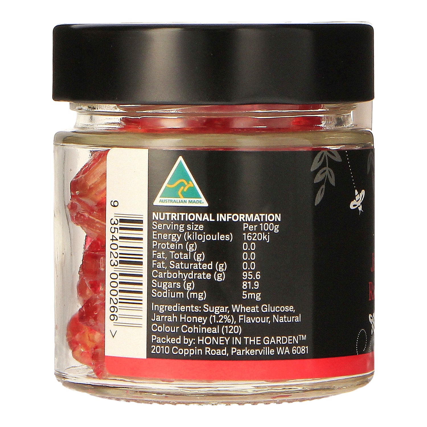 nutrional information on the side label of a jar of Jarrah Honey & Raspberry Drops honey candy
