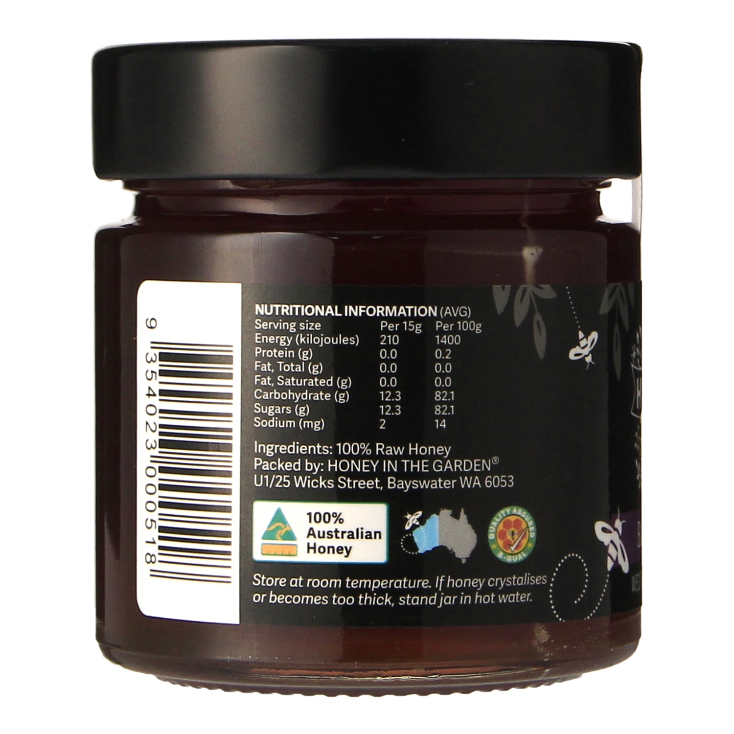 Honey in the Garden Blackbutt TA30+ Honey in Jar Back Label