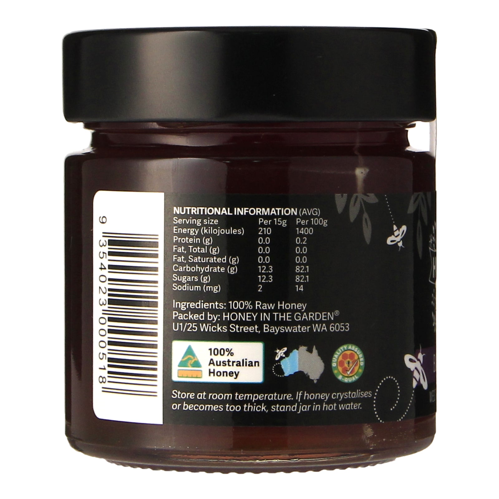 Honey in the Garden Blackbutt TA30+ Honey in Jar Back Label