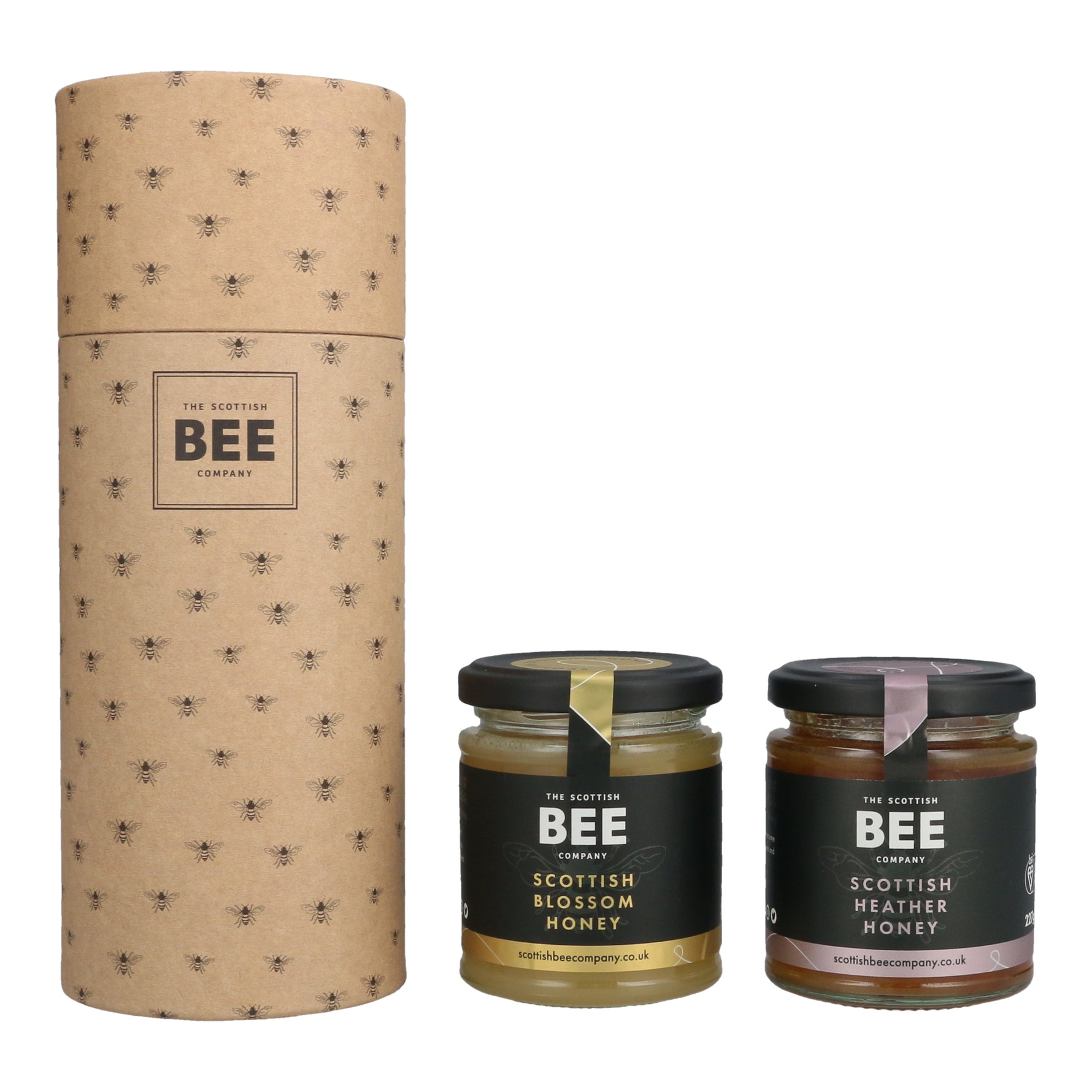 A Taste of Scotland Honey Gift Box: A set of honey jars in a cylindrical cardboard packaging from The Scottish Bee