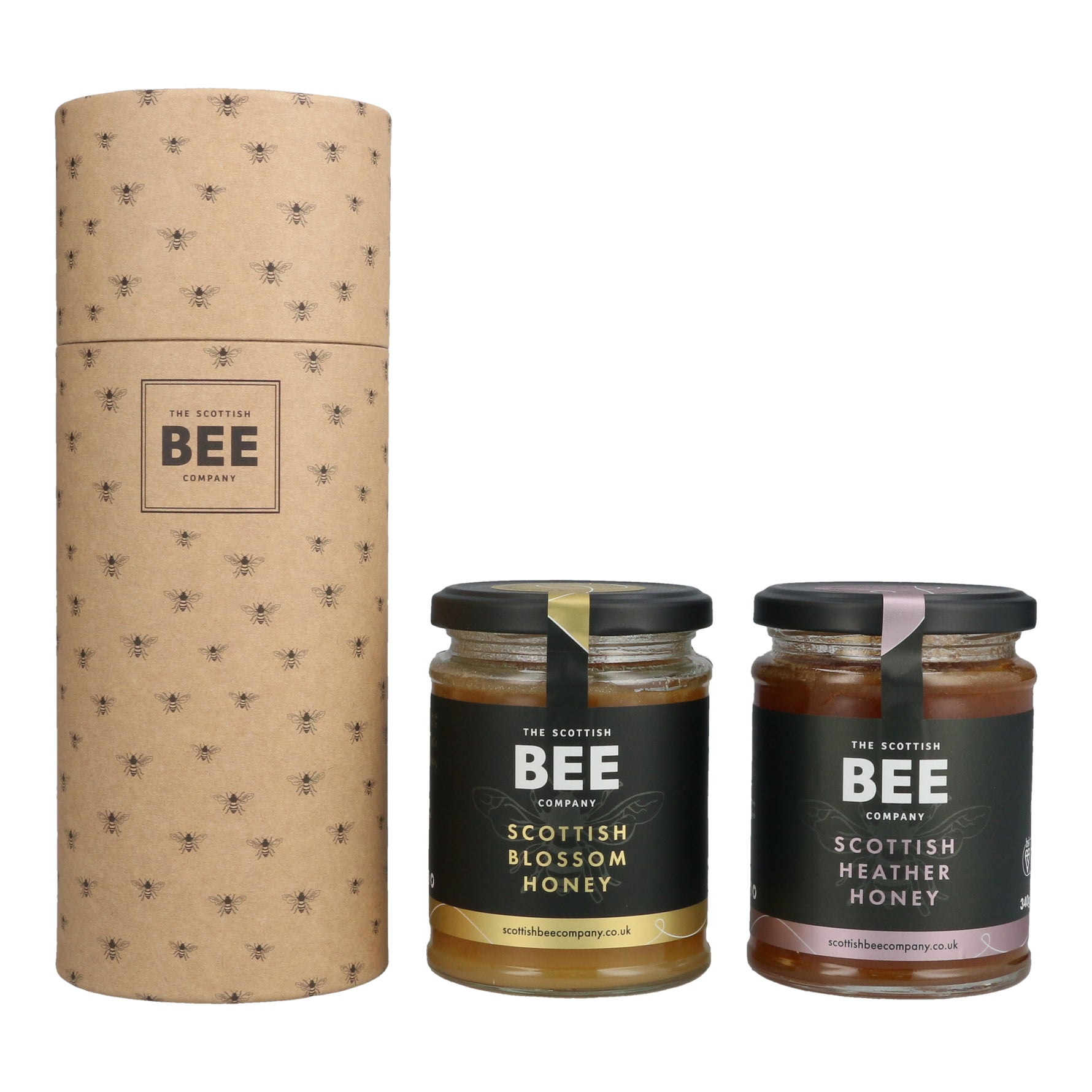 Honey gift idea: A set of honey jars in a cylindrical cardboard packaging from The Scottish Bee