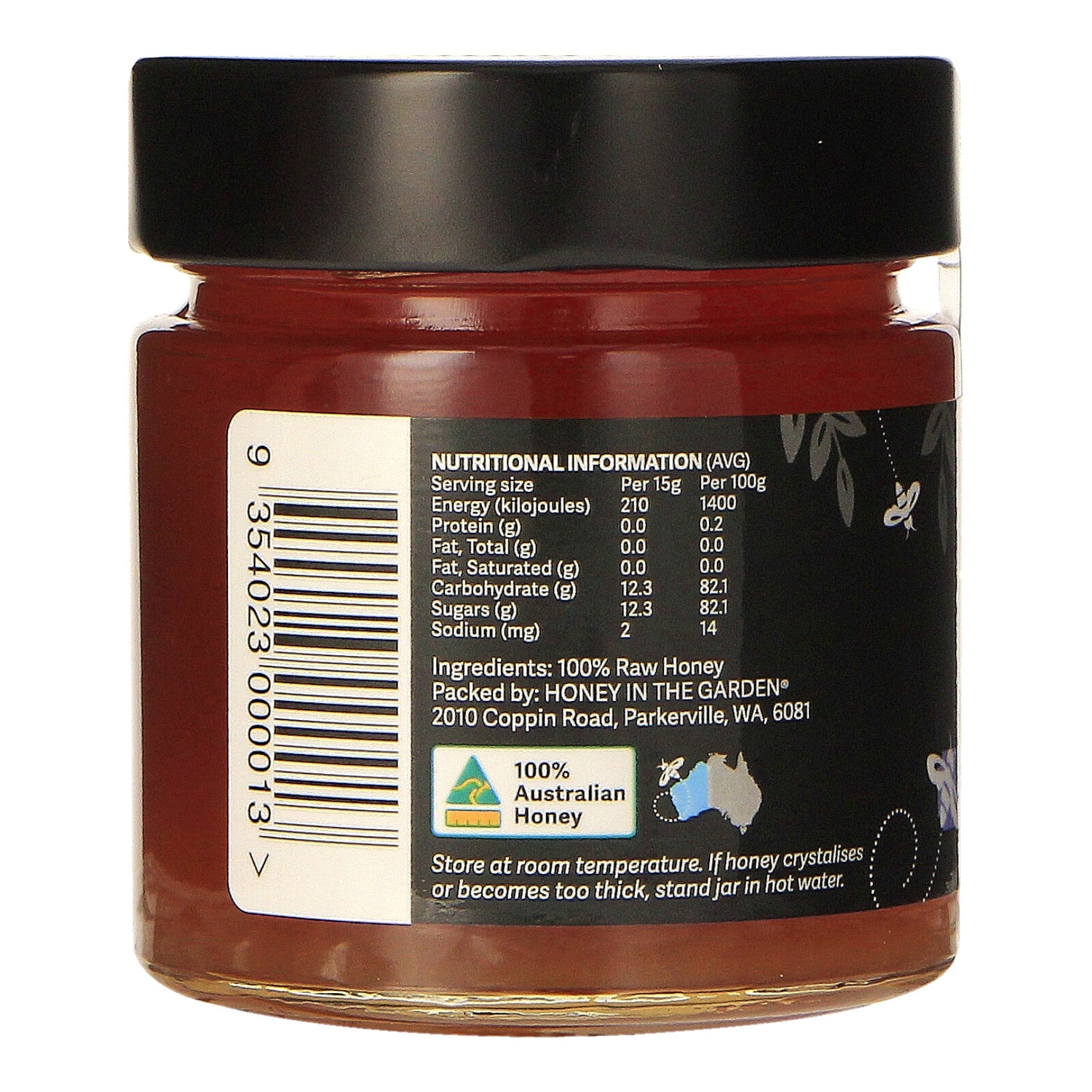 Honey in the Garden Marri TA30+ Red Gum Honey Nutritional Information and Bar Code