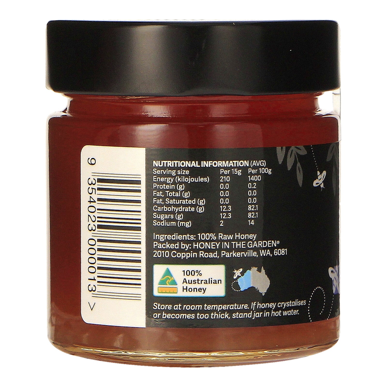 Honey in the Garden Marri TA30+ Red Gum Honey Nutritional Information and Bar Code