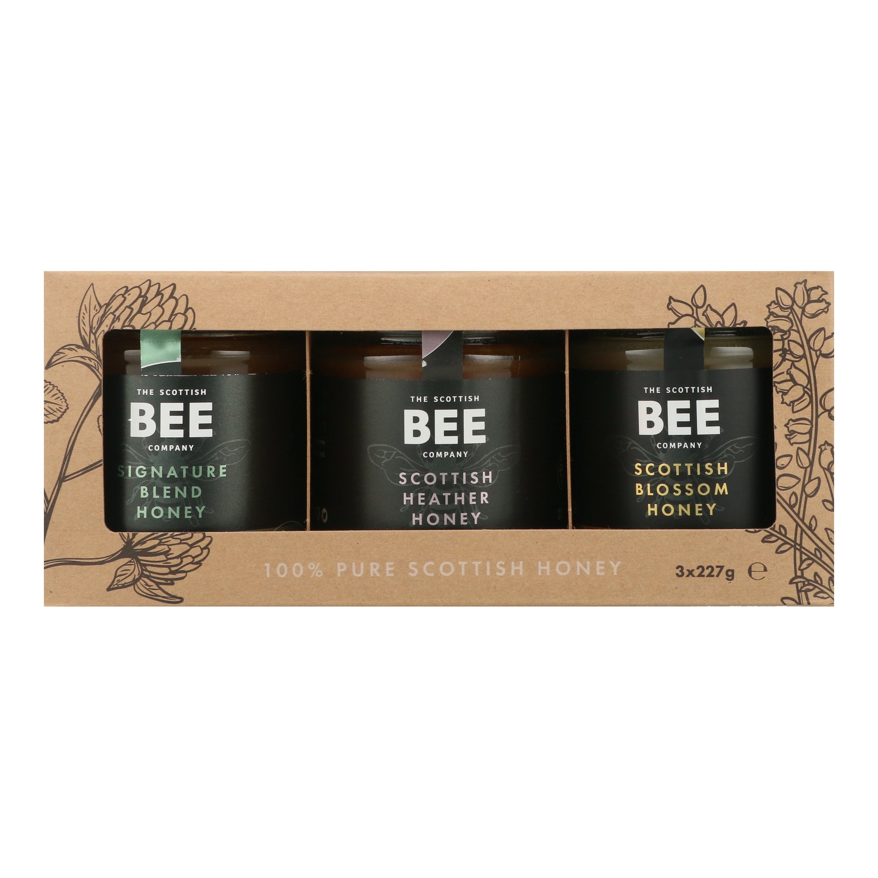 A gift box of three jars of Scottish honey, from The Scottish Bee.