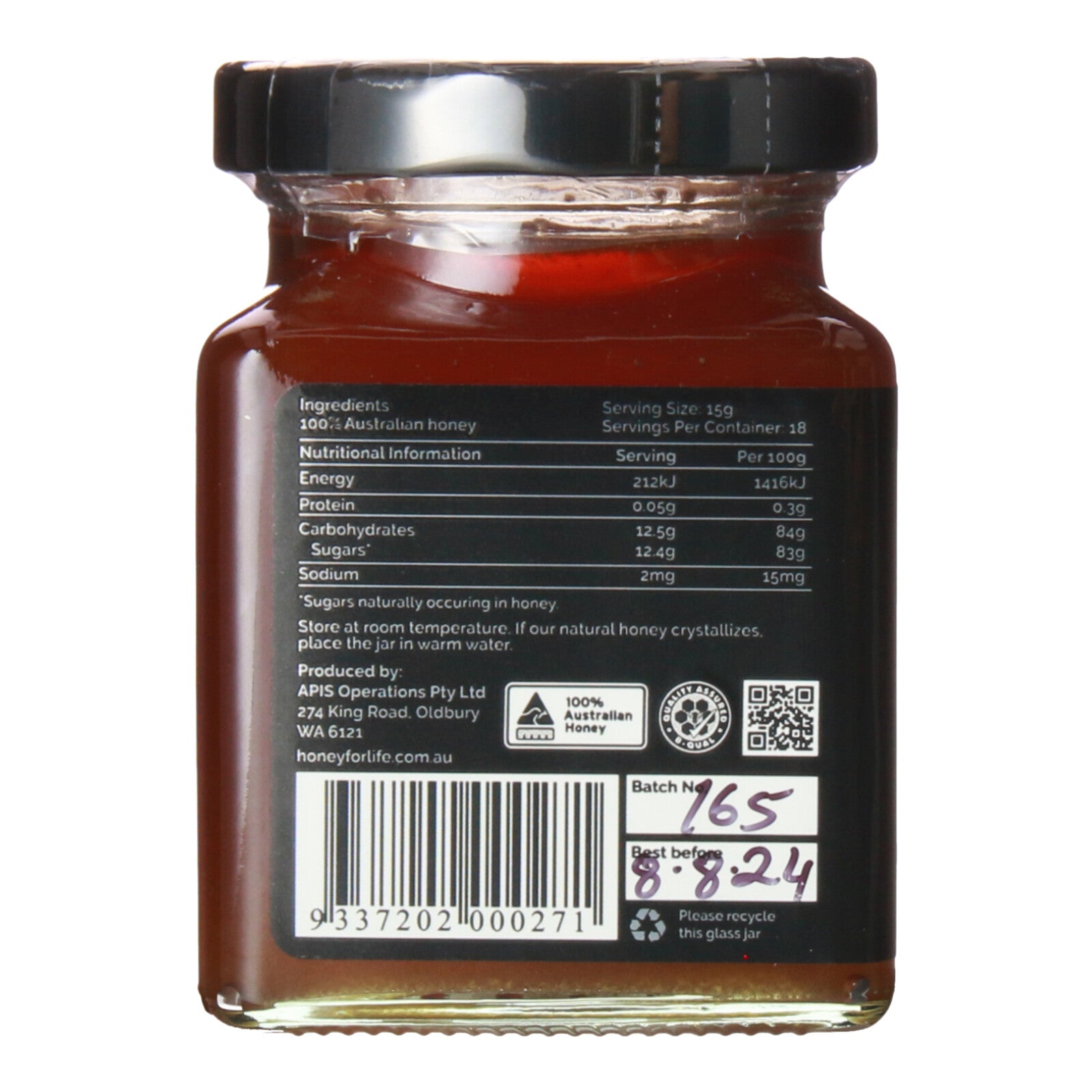 Side of the Wildflower Australian Honey Jar showing Nutritional Information