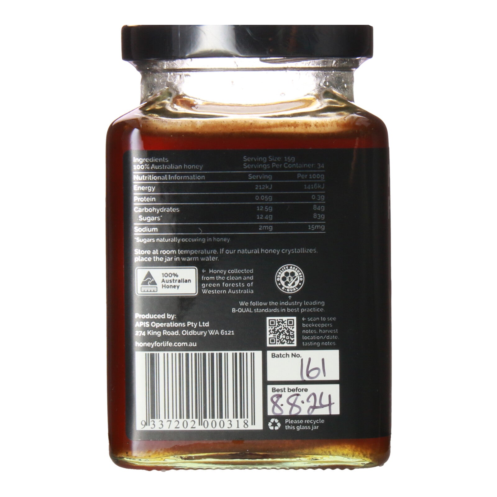 Nutritional Information Label of Wildflower Australian Honey as seen on the side of the jar.